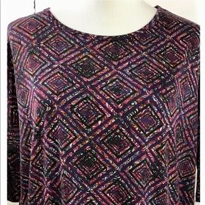 LuLaRoe S Irma Tunic multi color background w/ purple concentric diamond design